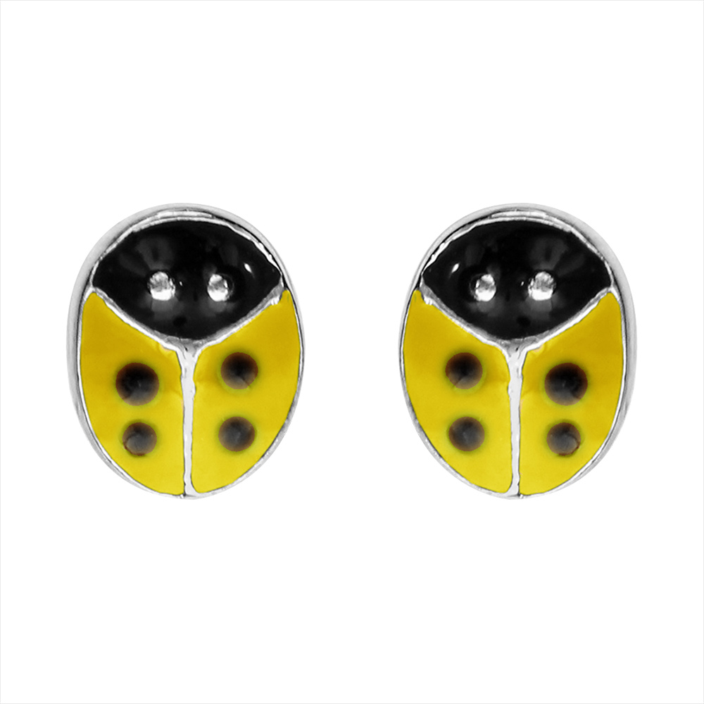 Boucles d'oreille pour enfant en argent coccinelle jaune et point noir fermoir poussette