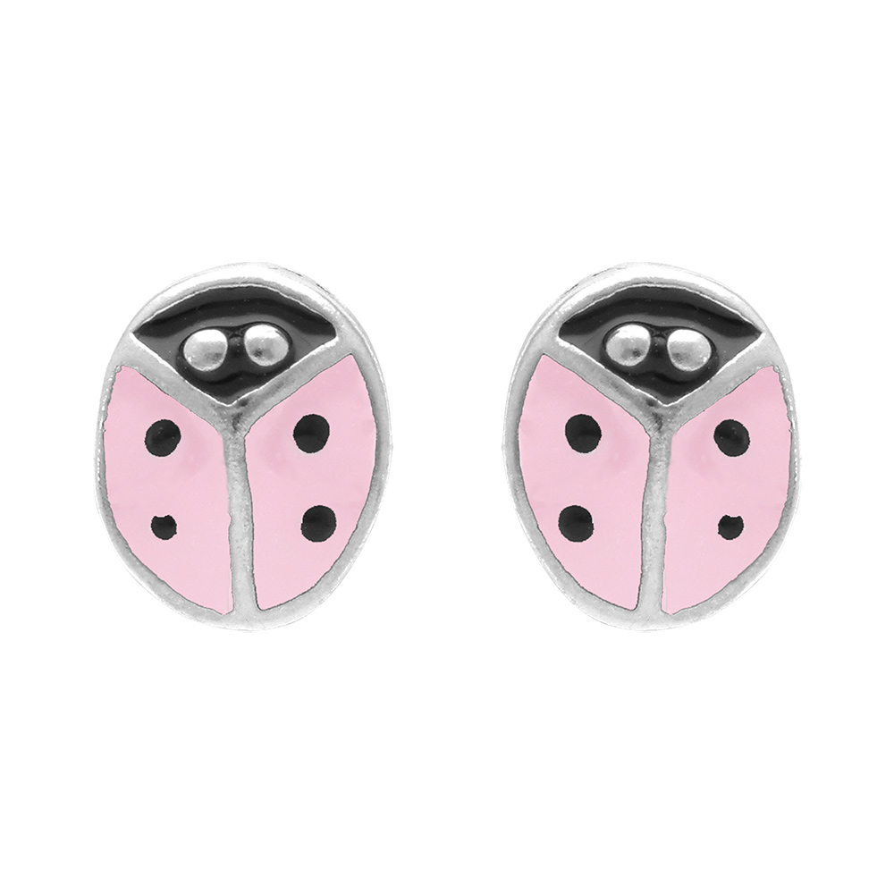 Boucles d'oreille tige en argent rhodié puce coccinelle rose