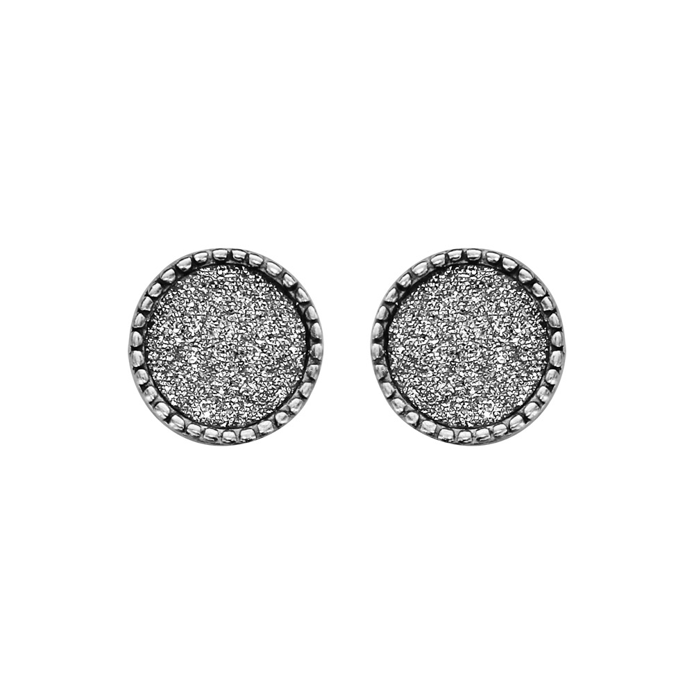 Boucles d'oreille en argent rhodié ronde glitter avec contour dentelle et fermoir poussette