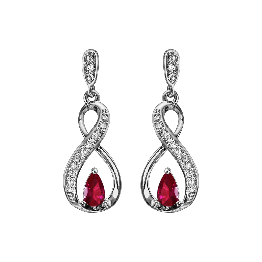 Boucles d'oreilles pendantes en Argent rhodié collection joaillerie infini et pierre rouge fermoir poussette