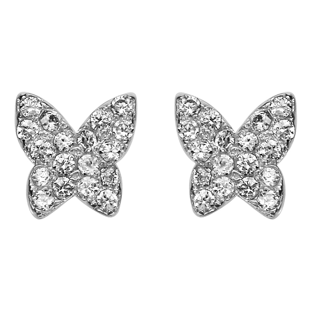 Boucles d'oreilles en argent rhodié papillon pavé d'oxydes blancs sertis et fermoir poussette