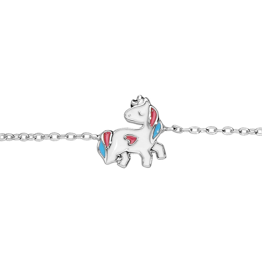 Bracelet en argent rhodié chaîne avec licorne colorée 17,5cm réglable 13,5cm