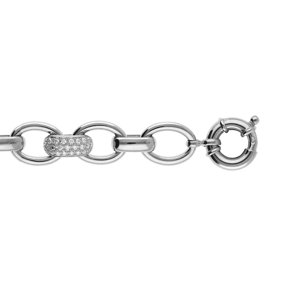 Bracelet en argent rhodié chaîne en grosses mailles ovales séparées par des éléments alternés lisses et pavés d'oxydes blancs - longueur 20cm