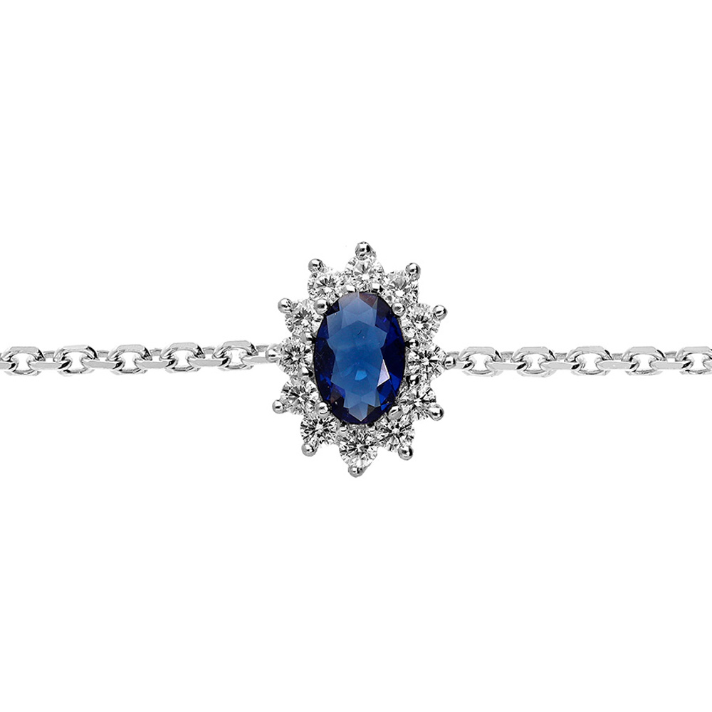 Bracelet en argent rhodié chaîne avec oxyde bleu royal contour en oxydes blancs 16+3cm
