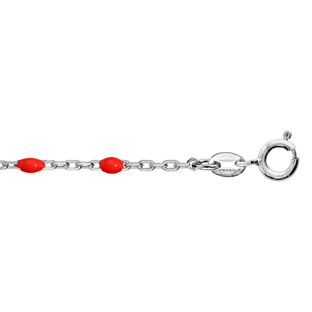 Bracelet en argent rhodié chaîne avec perles rouges 15+3cm