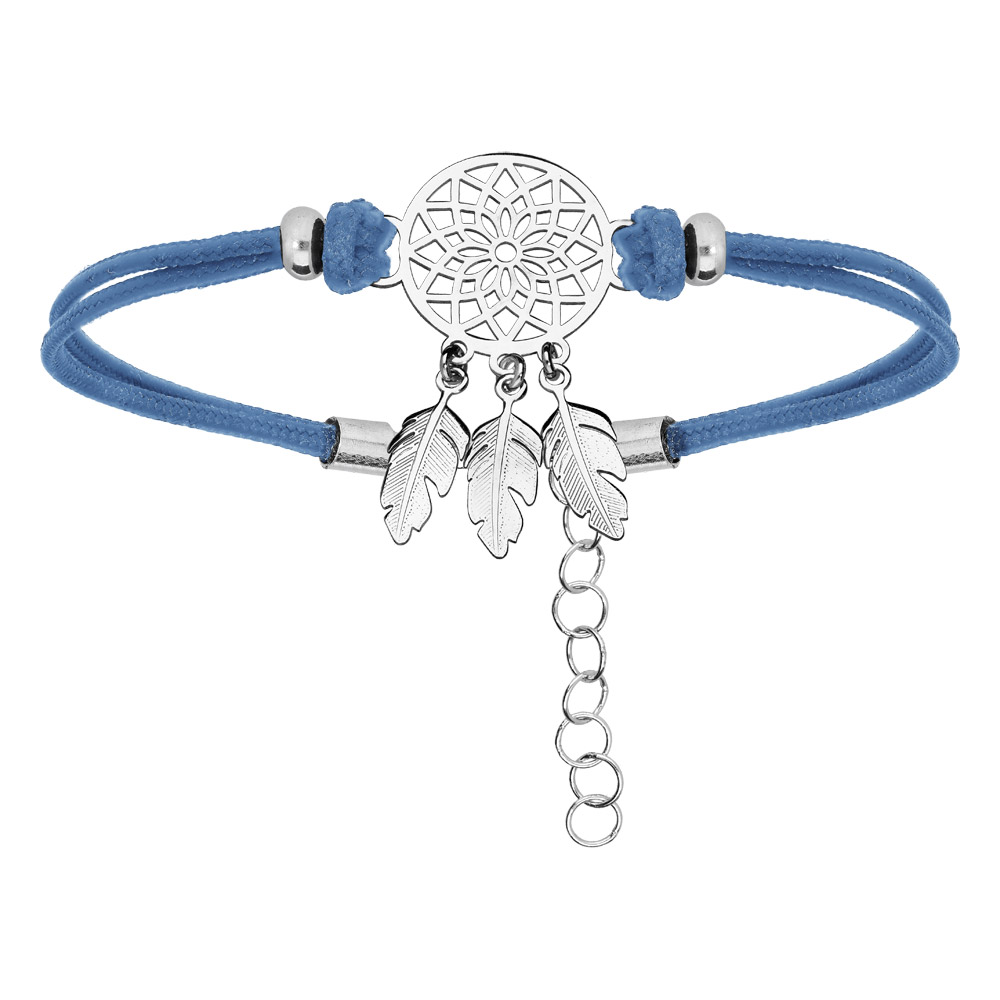 Bracelet en argent rhodié cordon bleu ciel et attrape rêve 16+3cm
