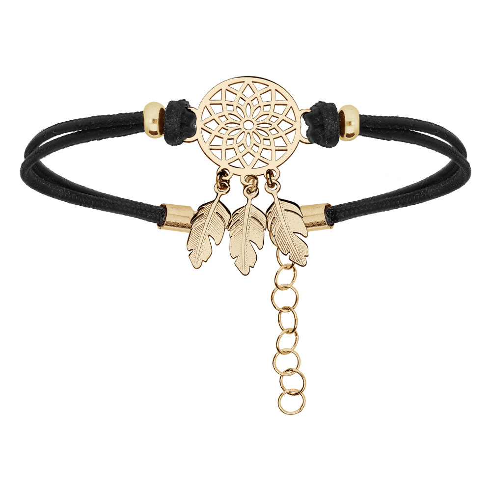 Bracelet en argent et dorure jaune cordon noir et attrape rêve 16+3cm