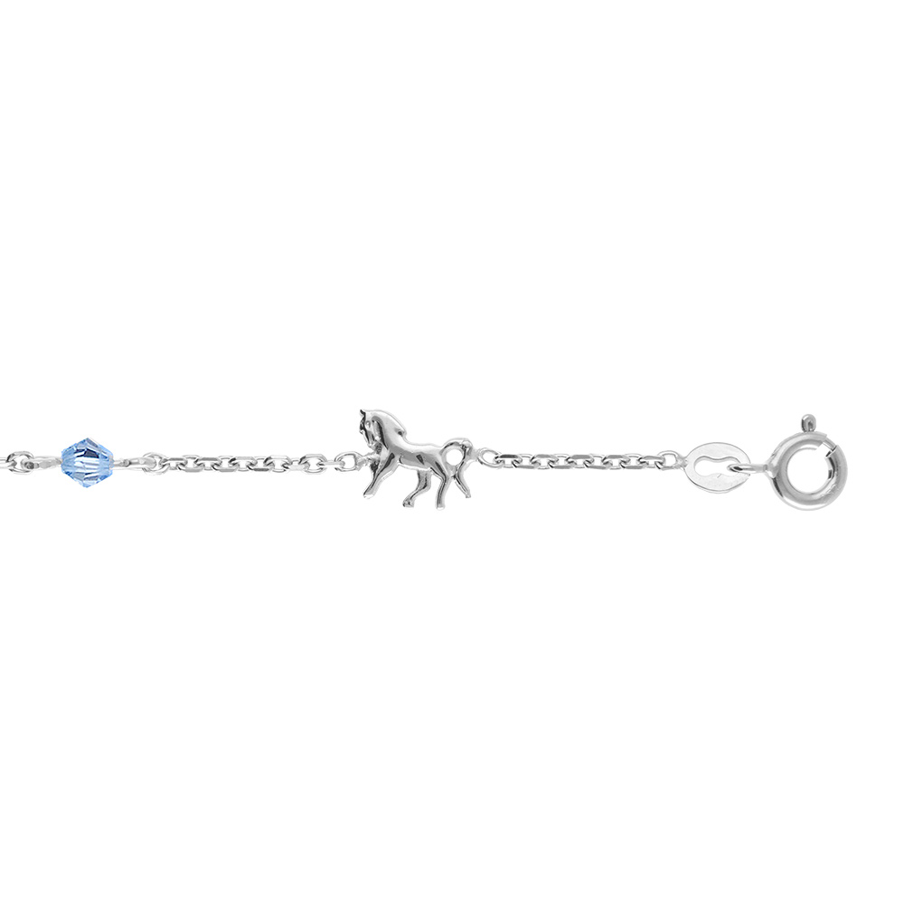 Bracelet en argent rhodié chaîne avec alternance de chevaux et d'oxydes bleu ciel - longueur 17,5cm réglable 15,5cm
