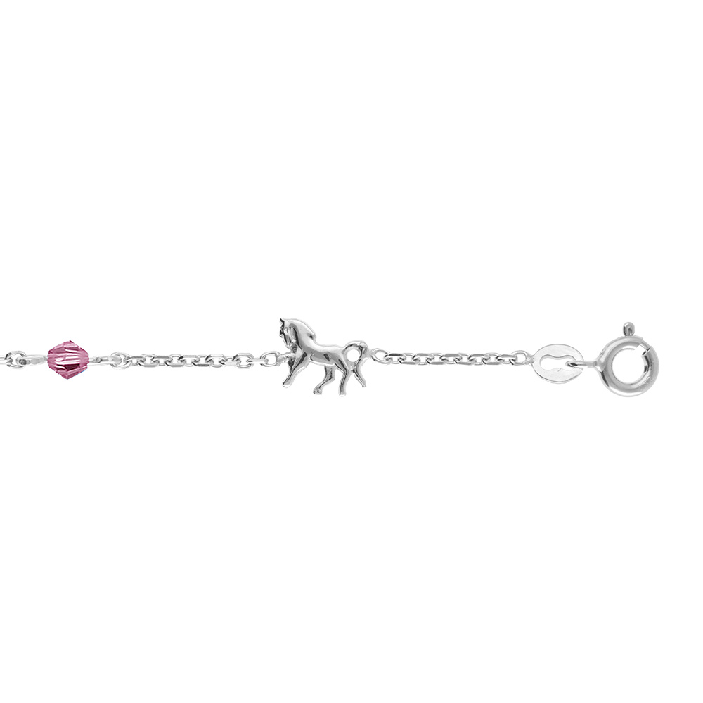Bracelet en argent rhodié chaîne avec alternance de chevaus et d'oxydes roses - longueur 17,5cm réglable 15,5cm