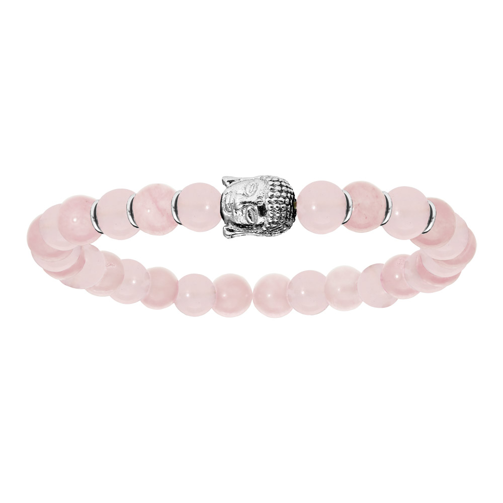 Bracelet en argent rhodié extensible avec boules quartz rose et tête de Bouddha