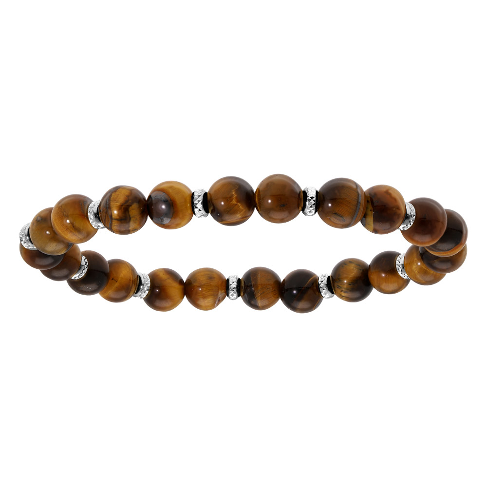 Bracelet extensible en argent rhodié avec perles en Oeil de tigre