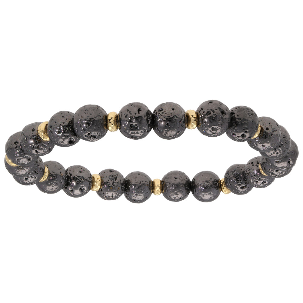 Bracelet extensible en argent rhodié et et dorure jaune avec pierres de lave galvanisées