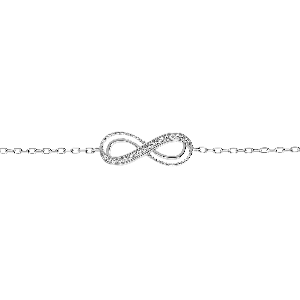 Bracelet en argent rhodié chaîne avec motif infini ajouré et oxydes blancs sertis 16+3cm
