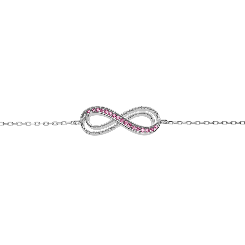 Bracelet en argent rhodié motif infini ajouré avec oxydes rose sertis 16+3cm