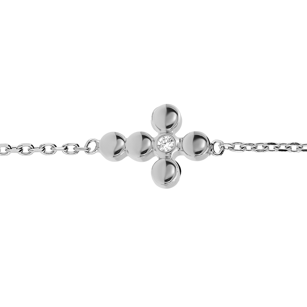 Bracelet en argent rhodié chaîne avec croix et oxyde blanc serti 16+2cm