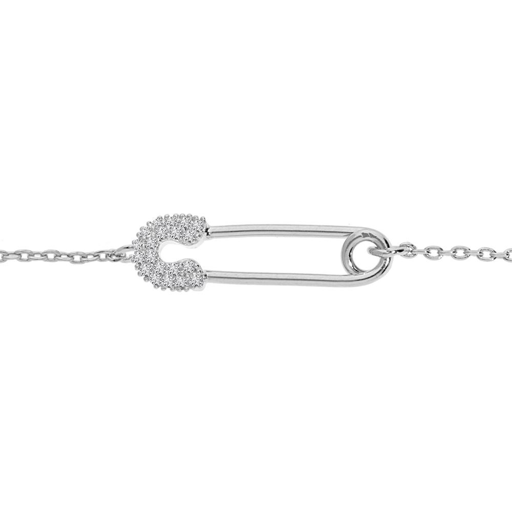 Bracelet en argent rhodié chaîne avec épingle à nourrice oxydes blancs sertis 16,5+3cm