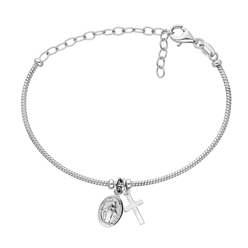 Bracelet en argent rhodié semi rigide avec pampilles Croix et vierge miraculeuse réglable