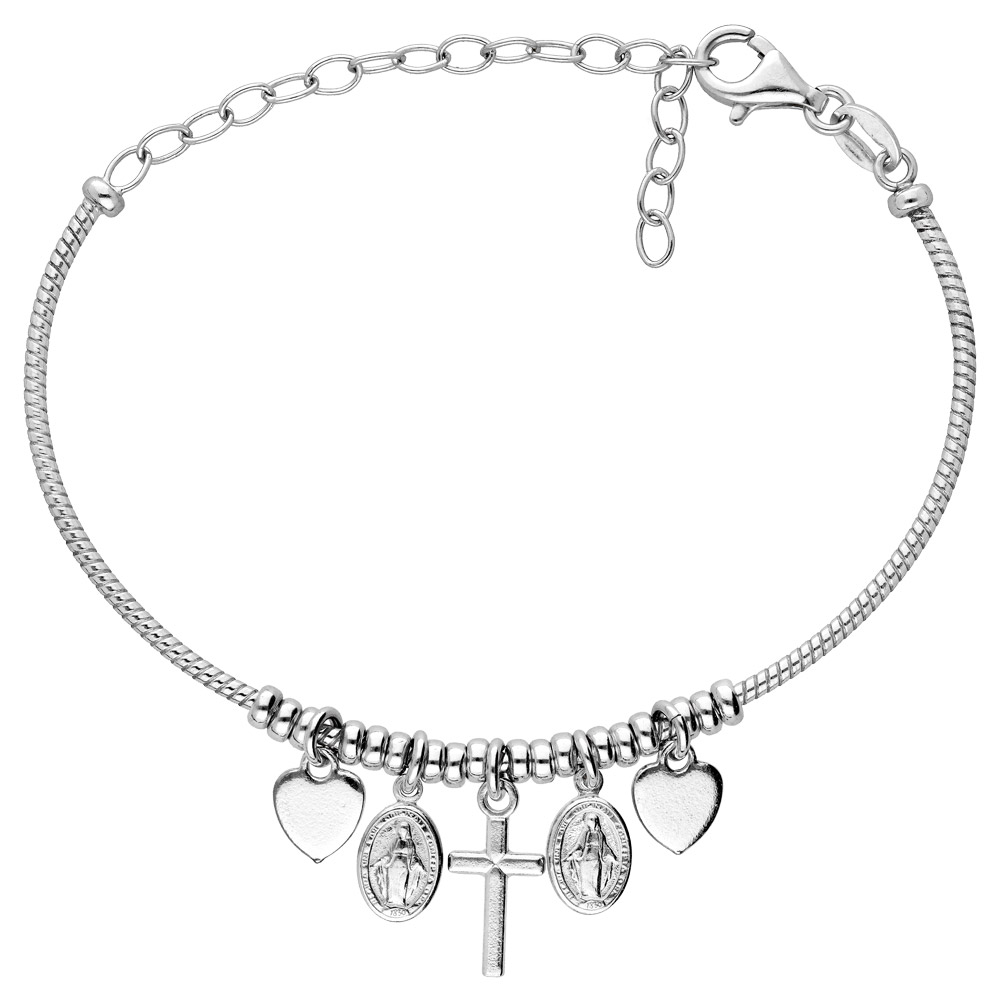 Bracelet en argent rhodié semi rigide avec pampilles cœur, Croix et vierge miraculeuse réglable