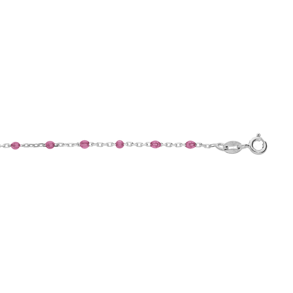 Bracelet en argent rhodié chaîne avec olives couleur framboise transparent 15+3cm