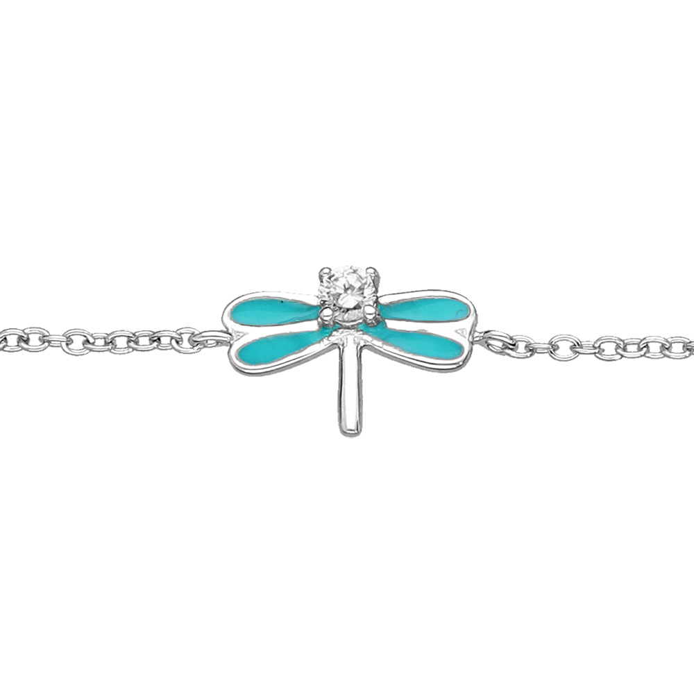 Bracelet en argent rhodié chaîne avec libellule turquoise et oxydes blancs sertis - 16+2cm