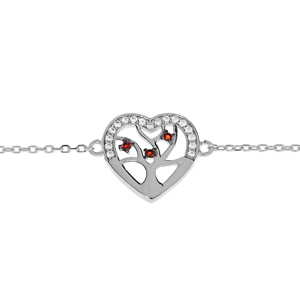 Bracelet en argent rhodié massif chaîne avec coeur découpe arbre de vie avec pierres rouges 16+3cm