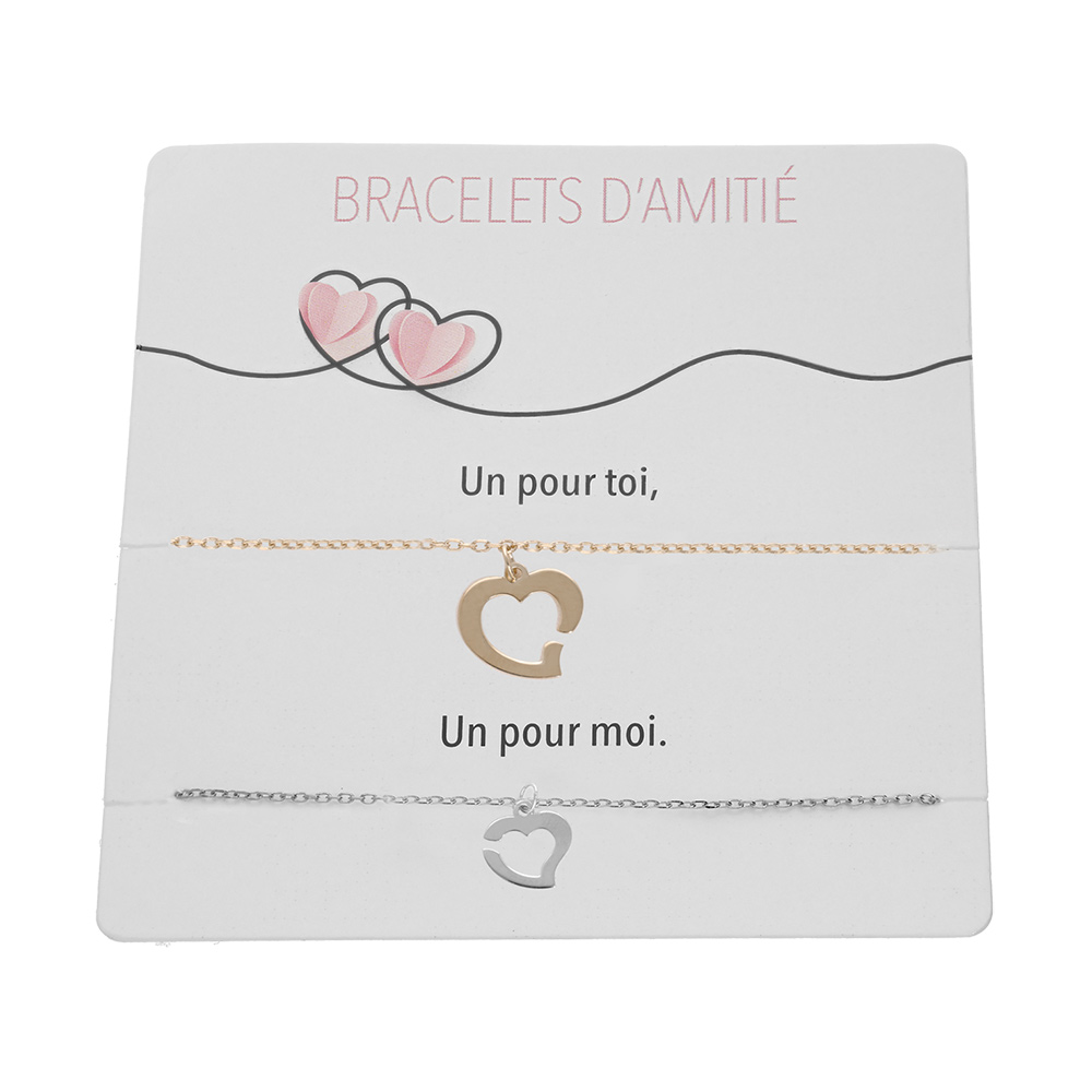 Bracelets d'amitié en argent rhodié et 1 dorure jaune avec coeurs suspendu longueur 15+3cm sur son support cartonné