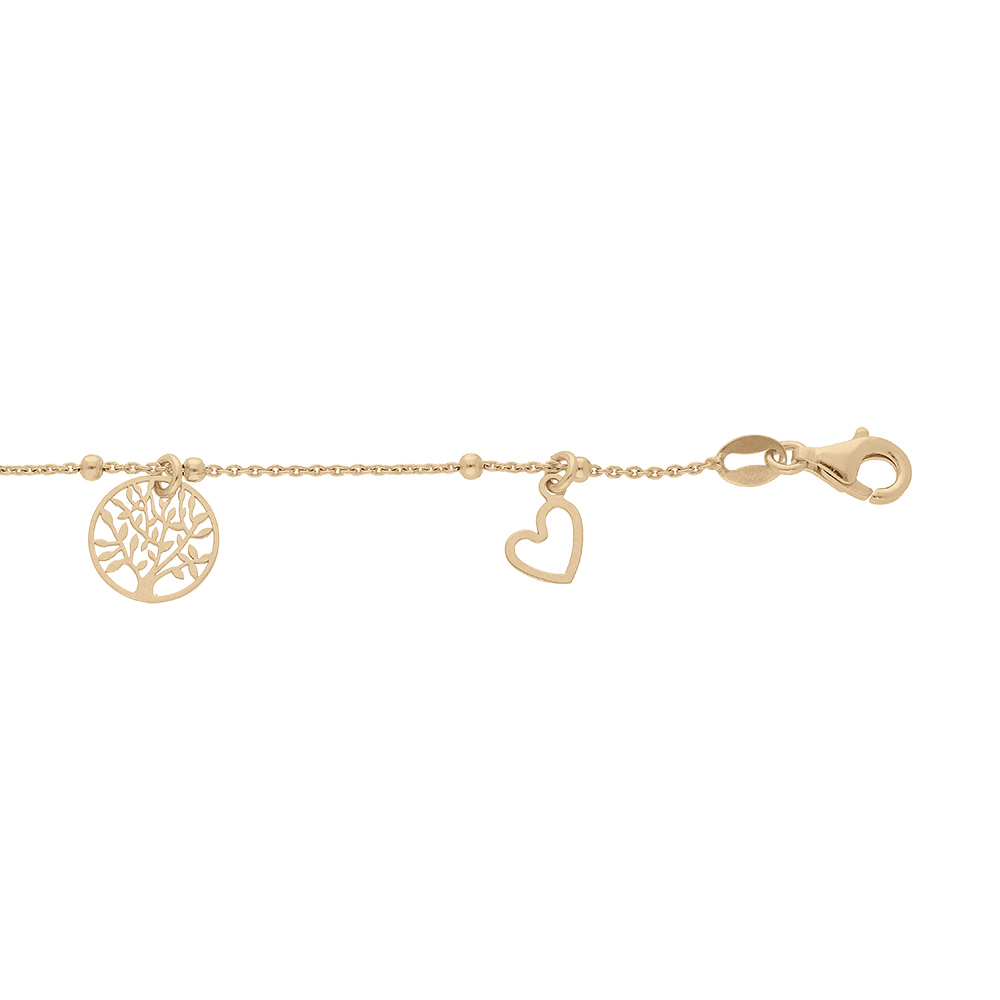 Bracelet en argent et dorure jaune fine boules pampilles coeurs et arbre de vie 16+3cm