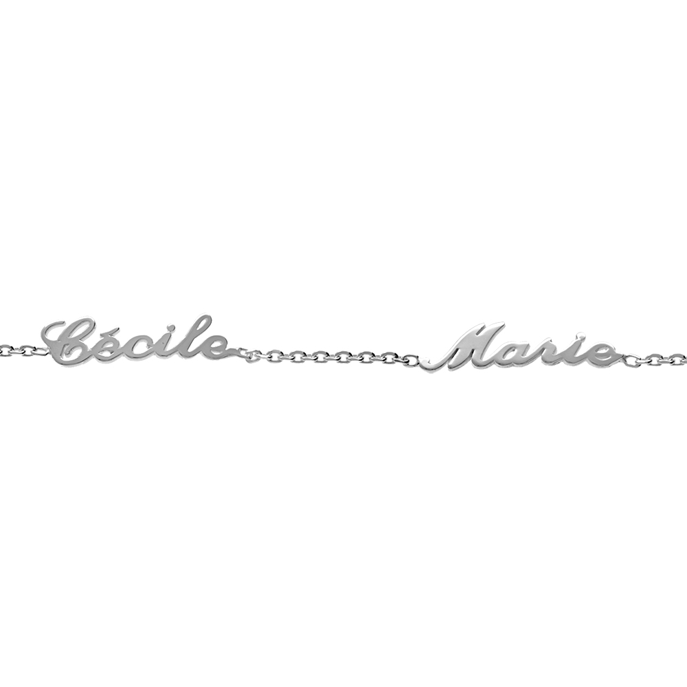 Bracelet en argent chaîne maille forçat avec découpe anglaise 2 prénoms - longueur 18,5cm réglable 17cm