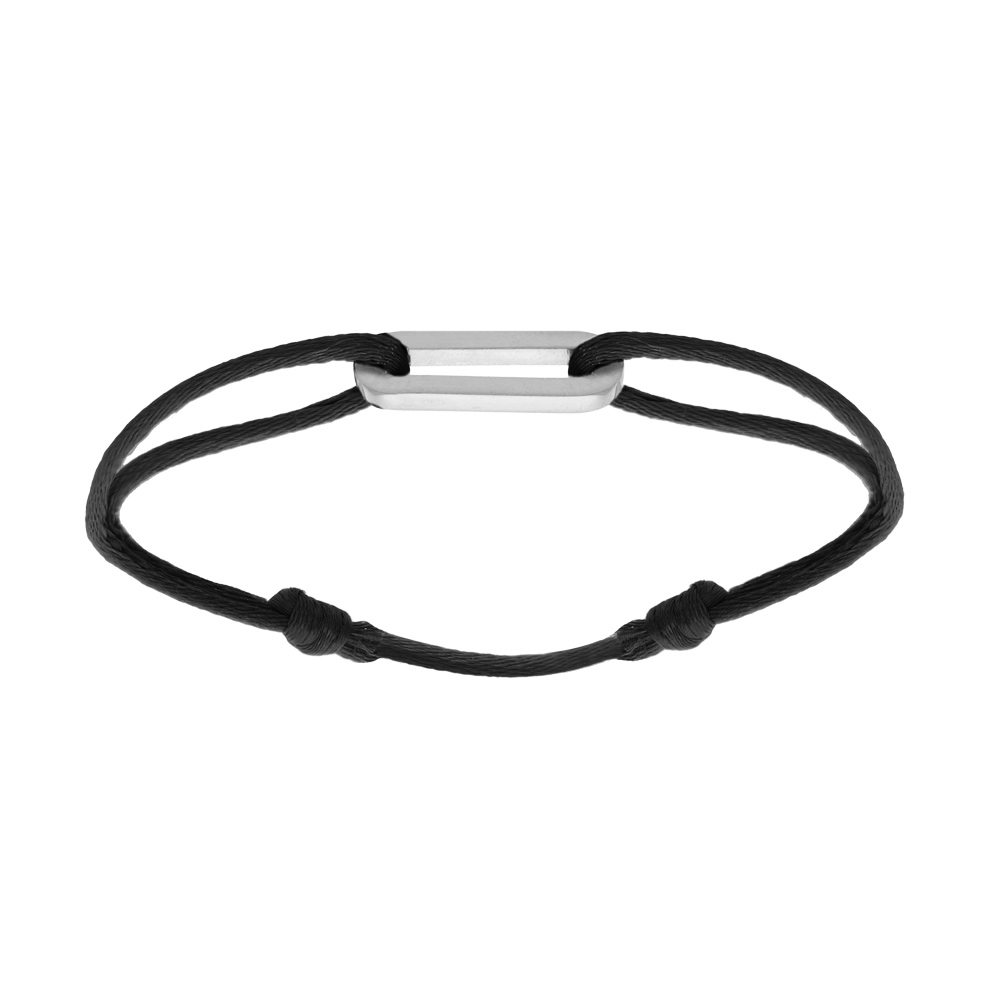 Bracelet en argent rhodié cordon noir coulisant avec motif rectangulaire 9 x 20 x 2mm