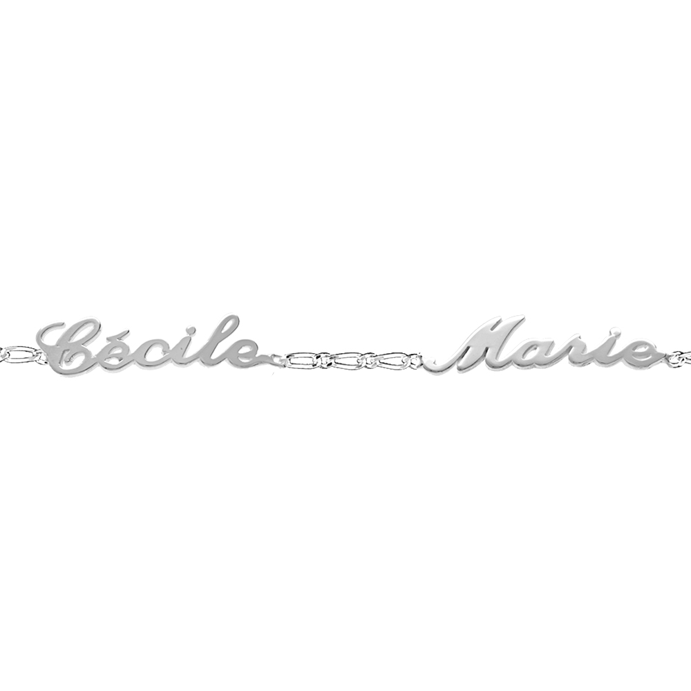 Bracelet en argent chaîne mailles 1+1 largeur 2mm avec découpe anglaise 2 prénoms - longueur 18,5cm réglable 17cm