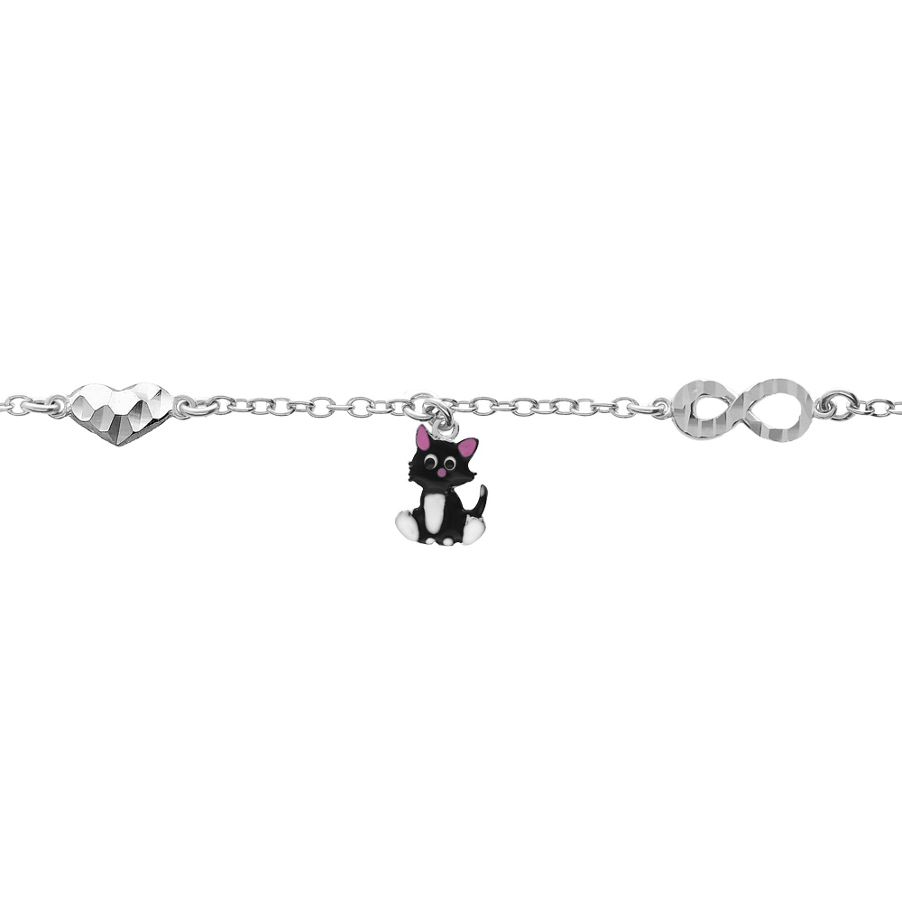 Bracelet en argent rhodié chaîne avec motif infini et coeur et chat noir et blanc 12,5+3cm