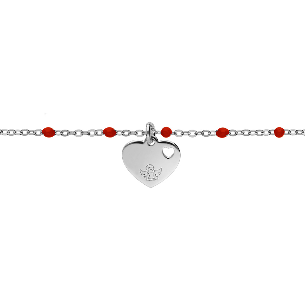 Bracelet en argent rhodié chaîne avec boules couleur rouges avec coeur 15+3cm