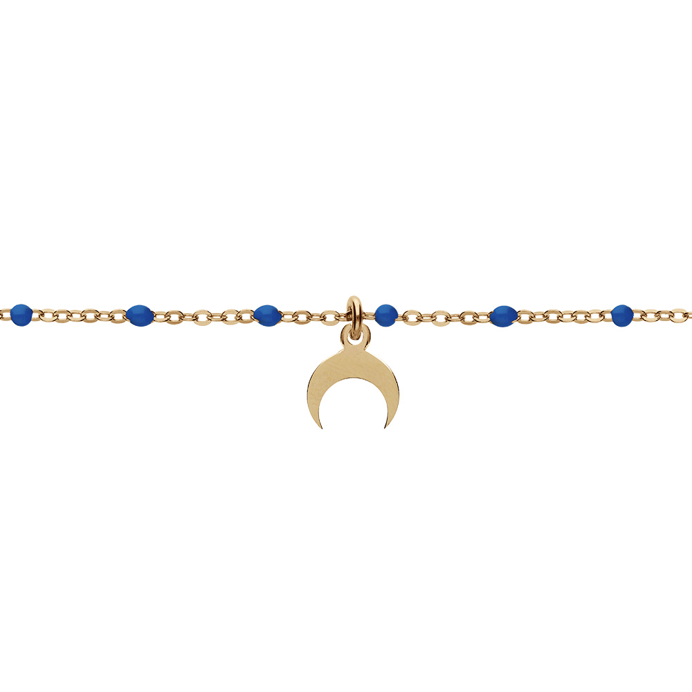 Bracelet en argent et dorure jaune chaîne avec boules couleur bleues pampille demi-lune 15+3cm