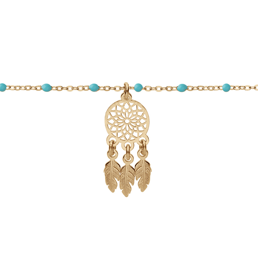 Bracelet en argent et dorure jaune chaîne avec boules couleur turquoise pampille attrape rêve 15+3cm