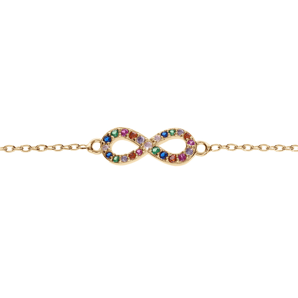 Bracelet en argent et dorure jaune chaîne avec motif infini empierrés multi couleurs et 15+3cm