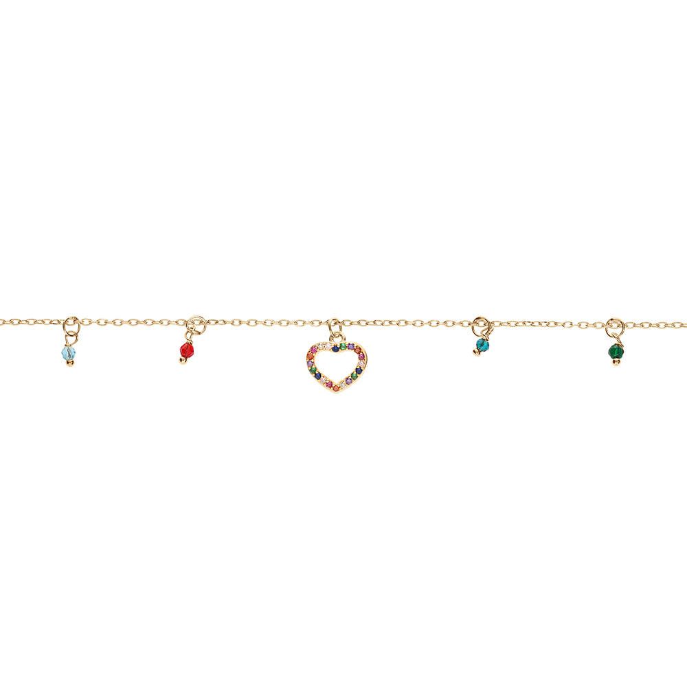Bracelet en argent et dorure jaune chaîne avec coeurs et pampilles empierrés multi couleurs 15+3cm