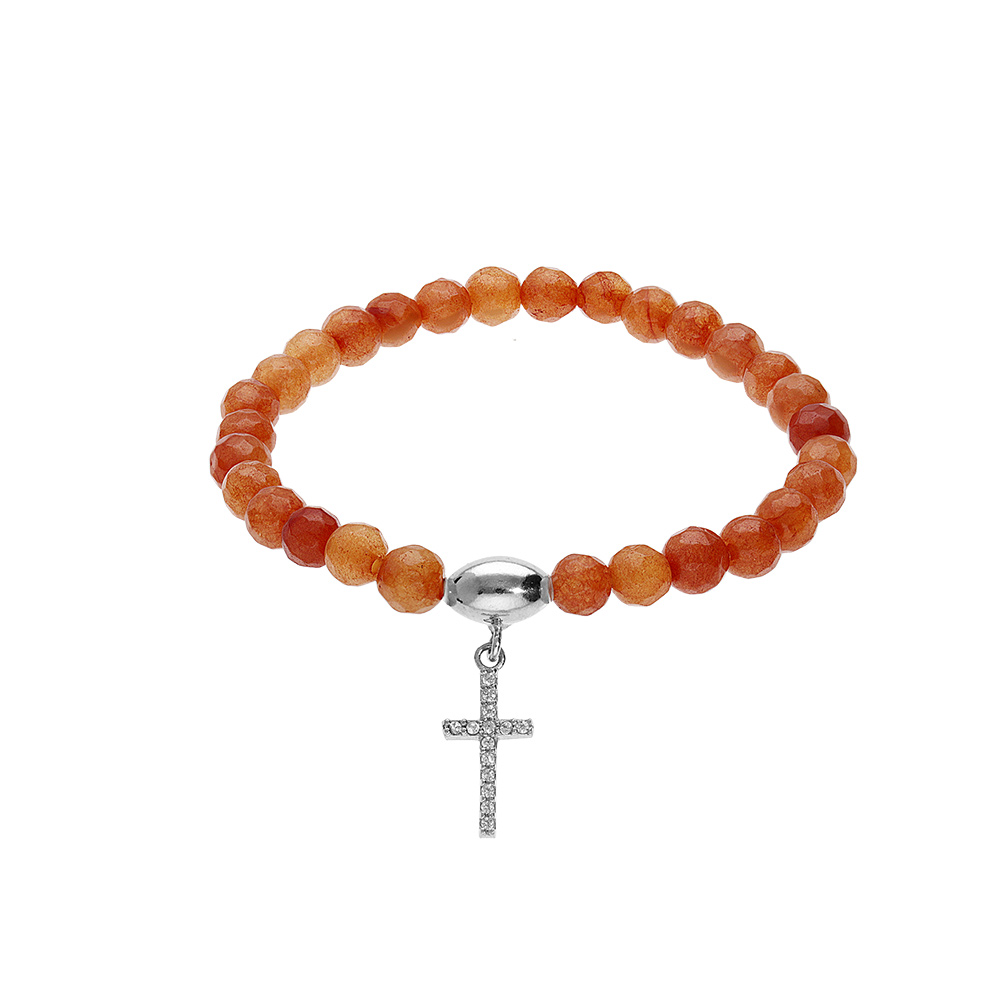 Bracelet extensible en argent rhodié avec pierres naturelles 6mm Agate orange avec croix 15mm oxydes blancs