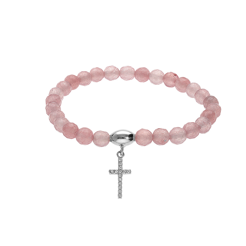 Bracelet extensible en argent rhodié avec pierres naturelles 6mm Agate rose avec croix 15mm oxydes blancs