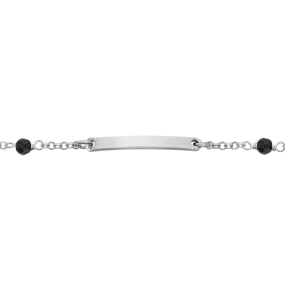 Gourmette en argent rhodié maille fantaisie avec perles facettées noires 15+2,5cm