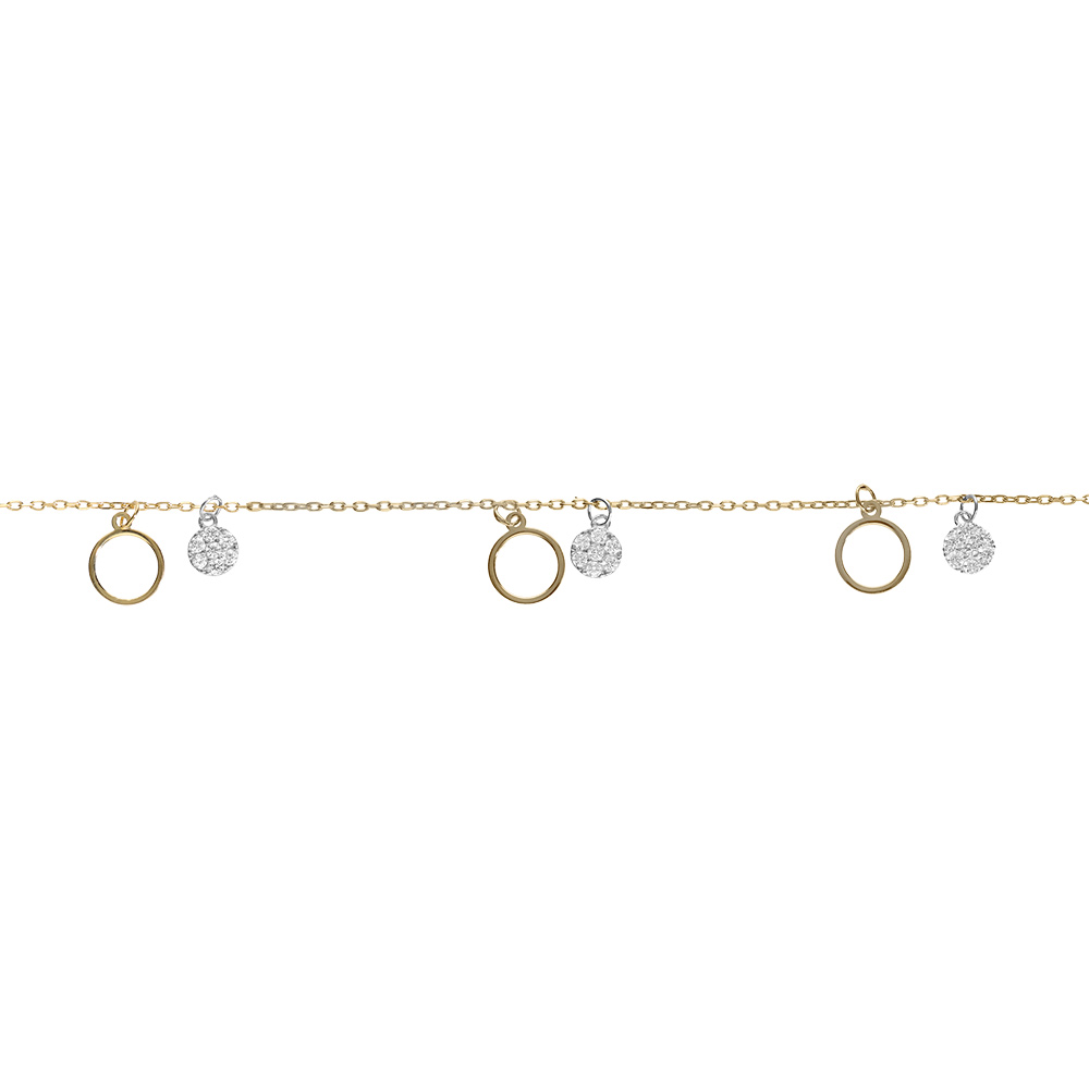 Bracelet argent doré jaune cercles et pastilles oxydes blancs réglable 16 à 19cm