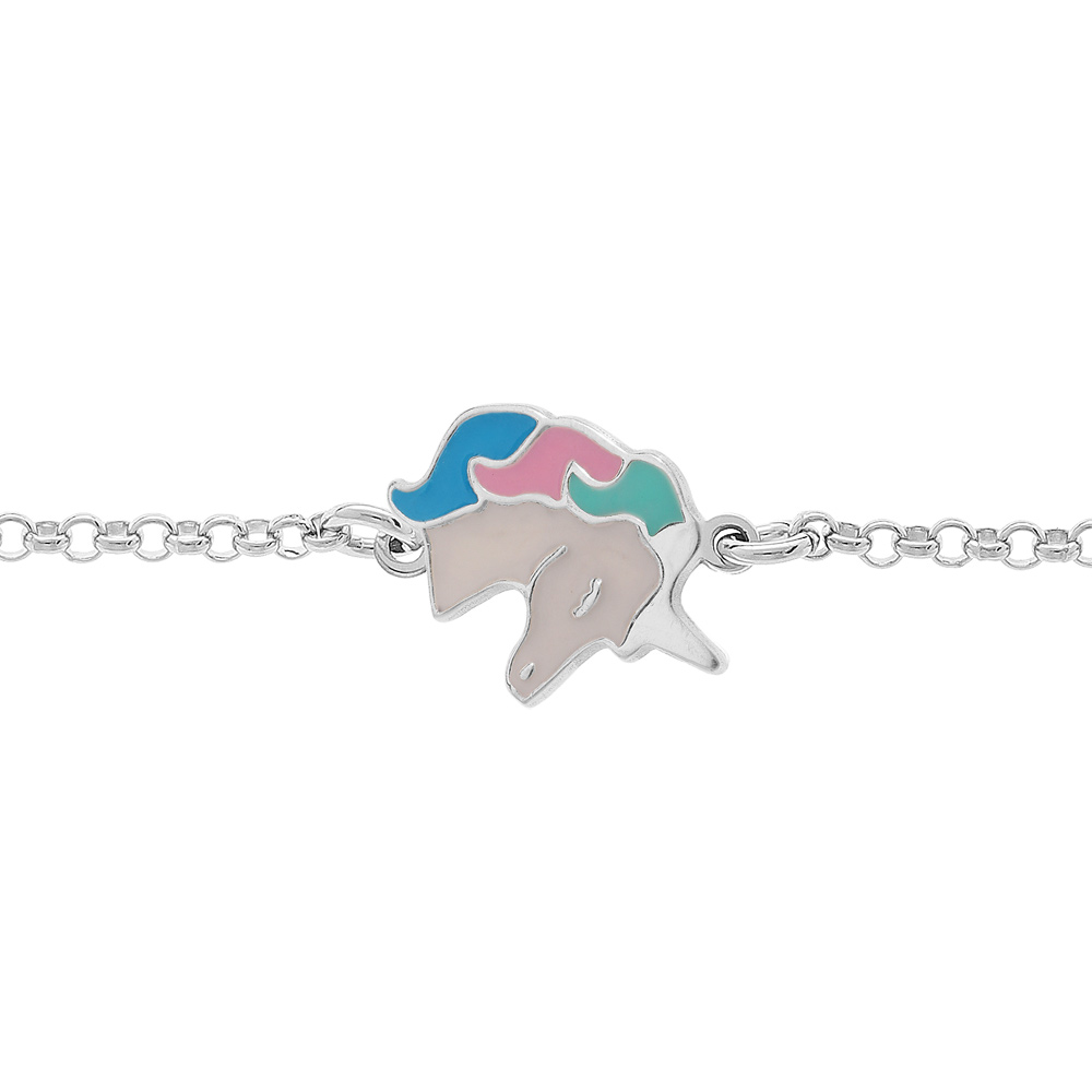 Bracelet en argent rhodié chaîne avec licorne blanche et pastel 13+3cm