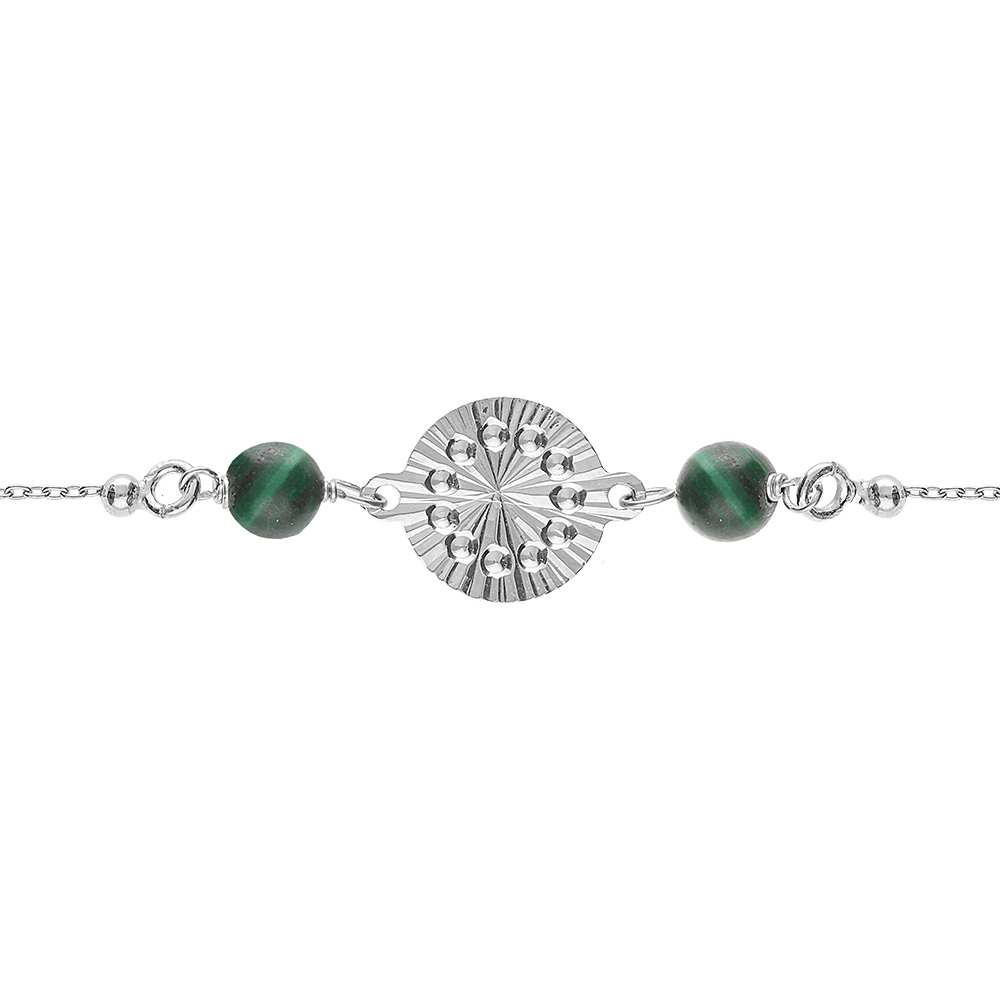 Bracelet argent rhodié chaîne boules cercle diamanté avec 2 boules malachite véritable réglable 16 à 19cm