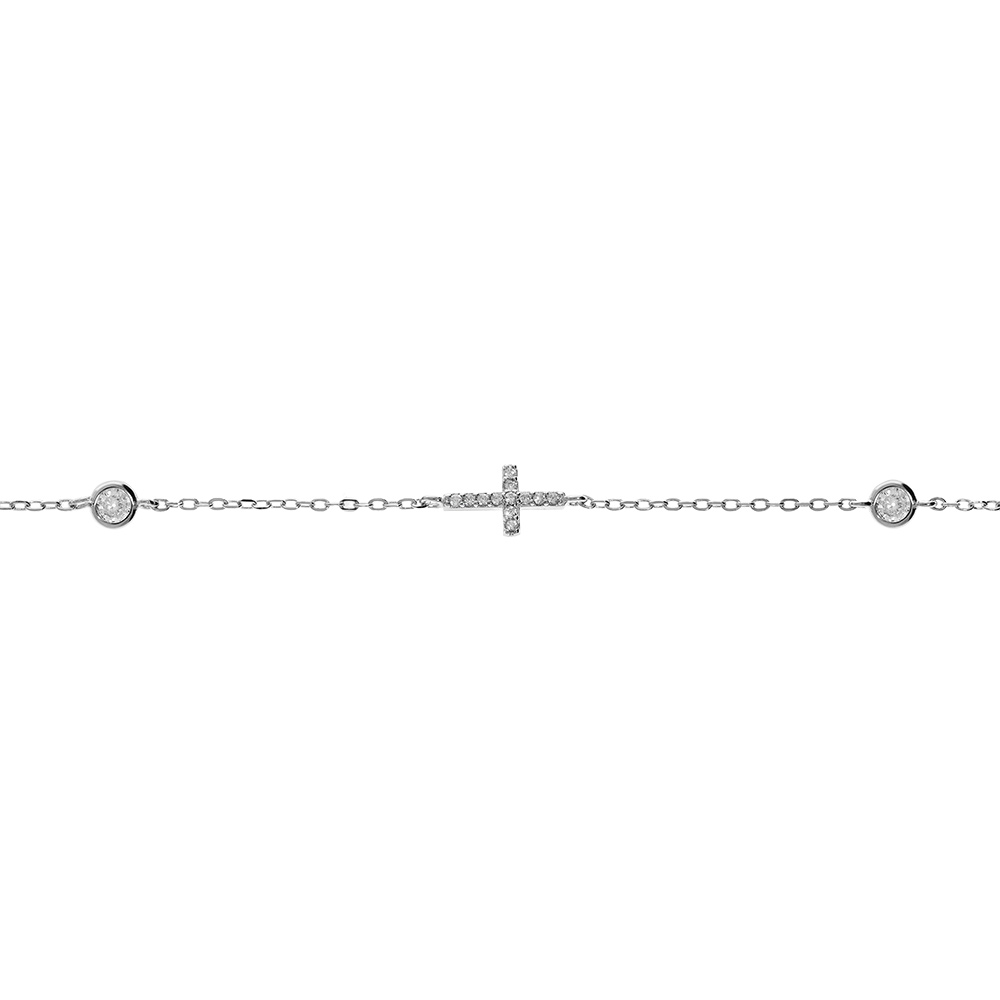 Bracelet en argent rhodié chaînette avec 2 oxydes blancs sertis clos et croix oxydes blancs sertis 16+3cm