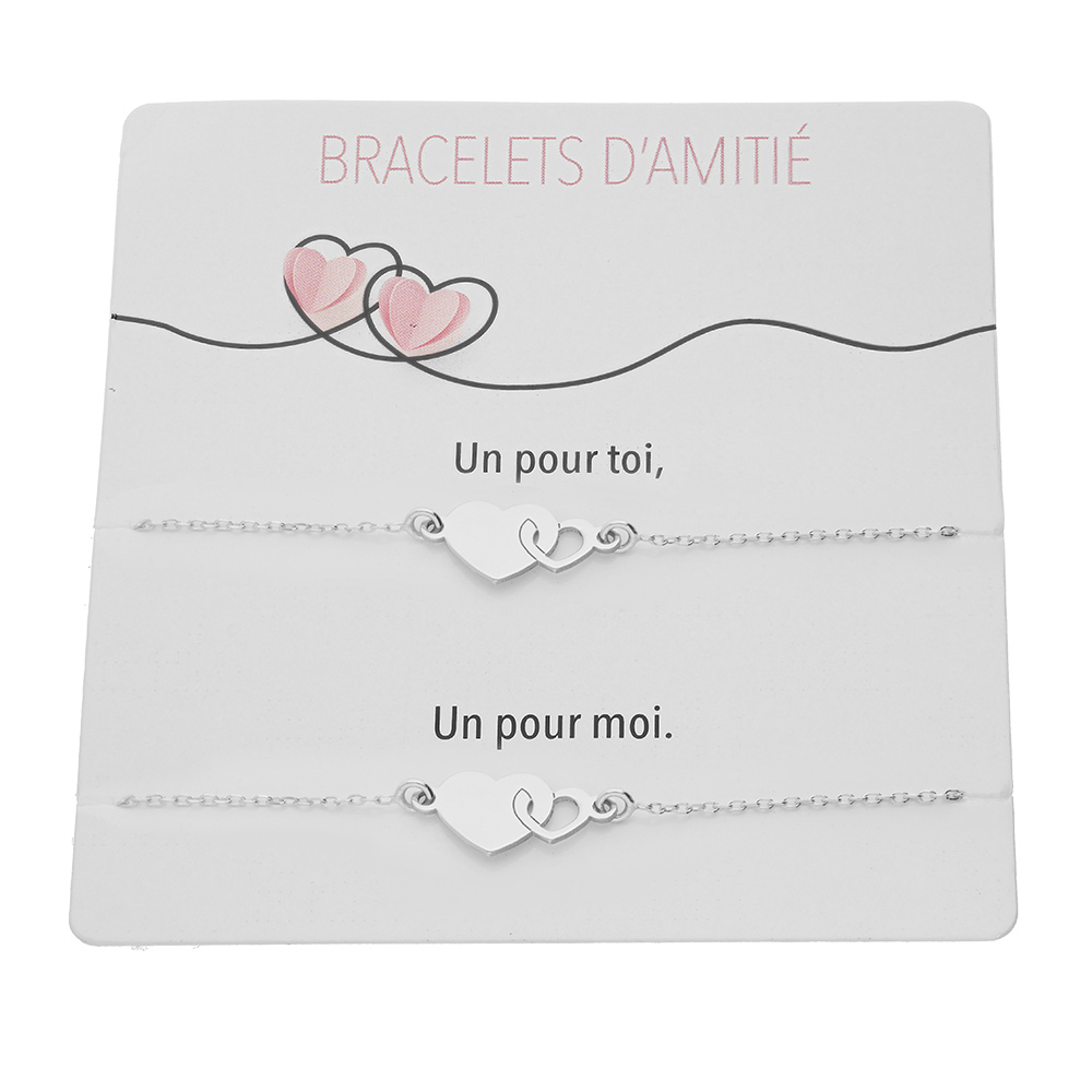 Bracelets d'amitié en argent rhodié double coeurs à graver 2 initiales 15+3cm sur son support cartonné