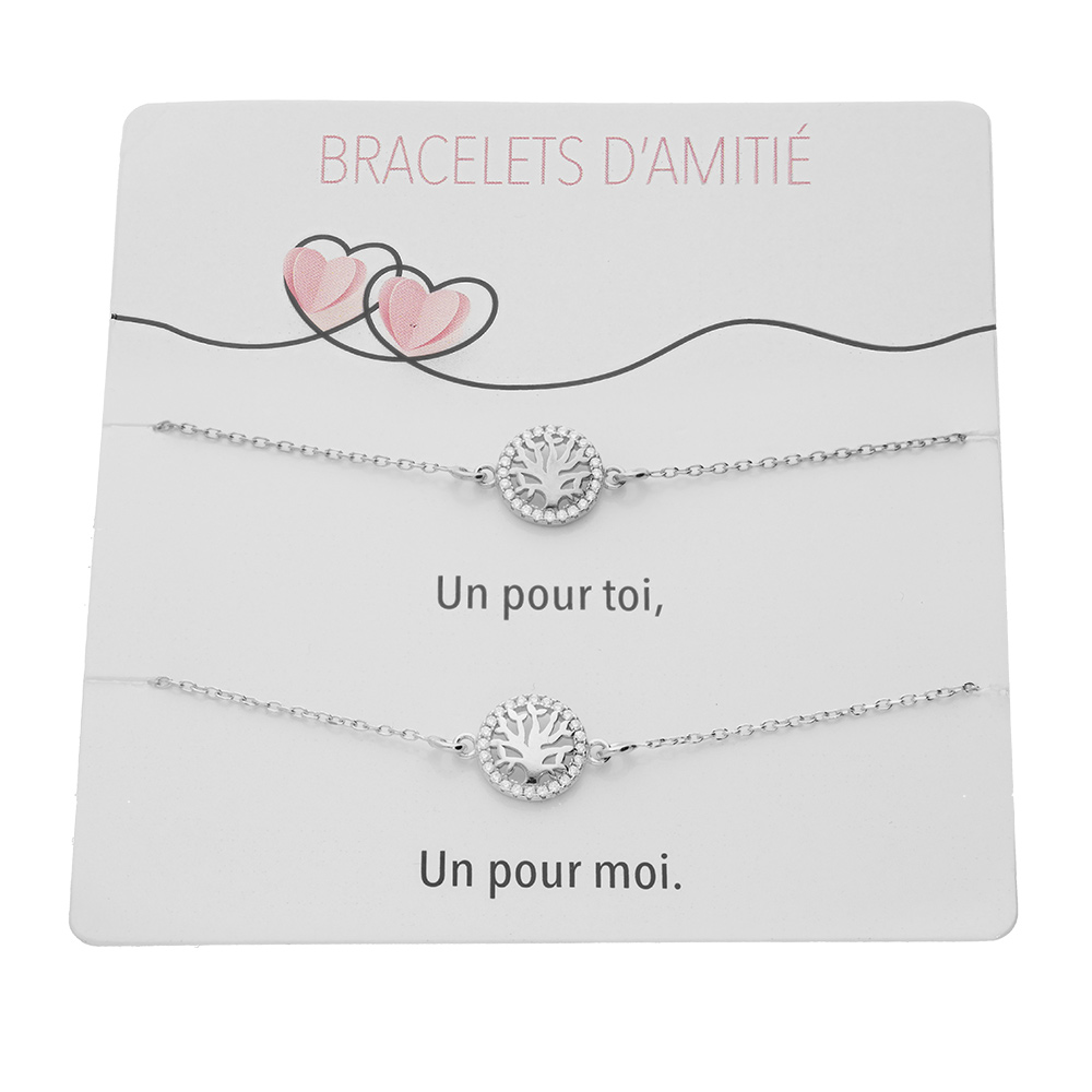 Bracelets d'amitié en argent rhodié double arbre de vie et oxydes blancs sertis 15+3cm sur son support cartonné