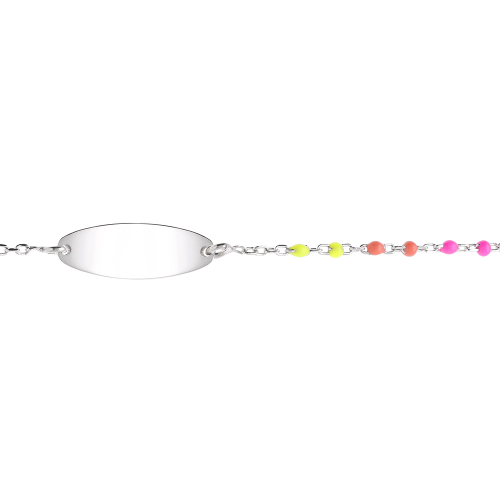Gourmette bébé plaque ovale argent, résine multicolore dégradé rose vert, réglable de 13cm à 15cm