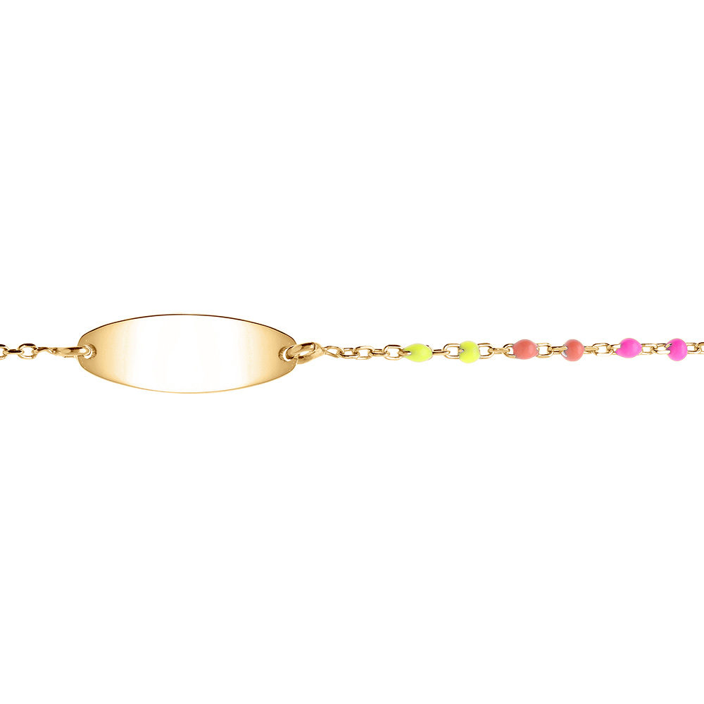 Gourmette bébé plaque ovale argent et dorure jaune, résine multicolore dégradé rose vert, réglable de 13cm à 15cm