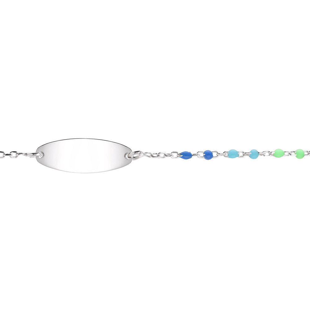 Gourmette bébé plaque ovale argent, résine multicolore dégradé bleu, réglable de 13cm à 15cm