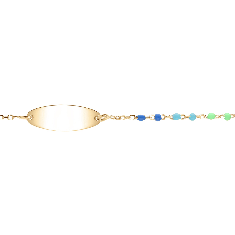 Gourmette bébé plaque ovale argent et dorure jaune, résine multicolore dégradé bleu, réglable de 13cm à 15cm