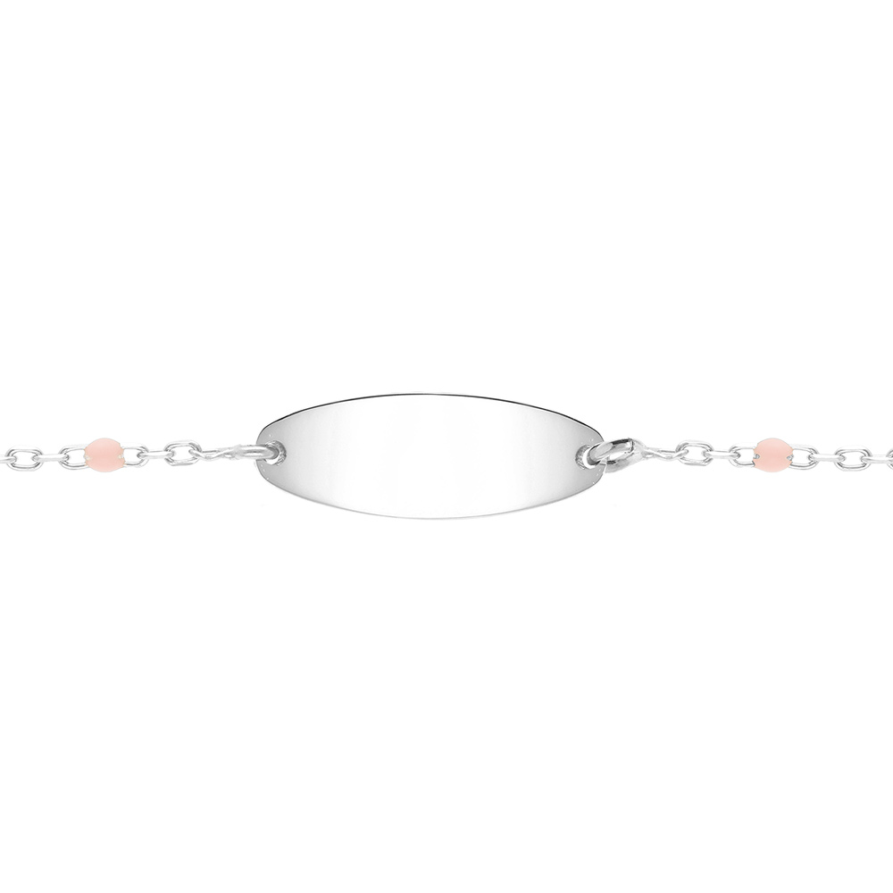 Gourmette bébé plaque ovale argent, résine rose, réglable de 13cm à 15cm